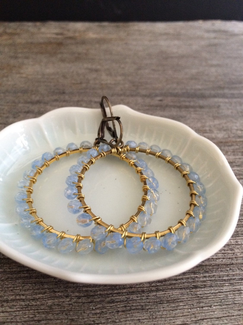 Opalescence hoops / beaded hoops/ Brass wirewrapped Hoops 36mm