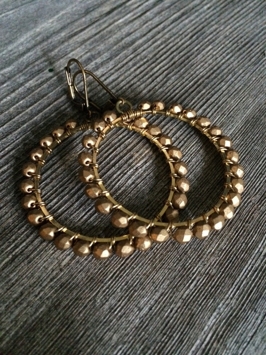 Matte Gold Hoops / Beaded Hoops / Brass Wirewrapped Hoops 36 mm hoop
