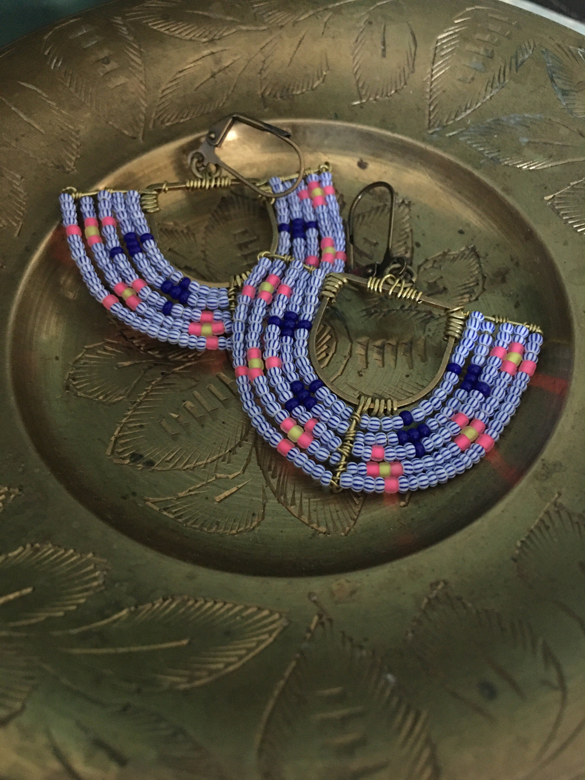 Woven basket earrings-neon yellow/neon pink/ striped blue and white / navy blue