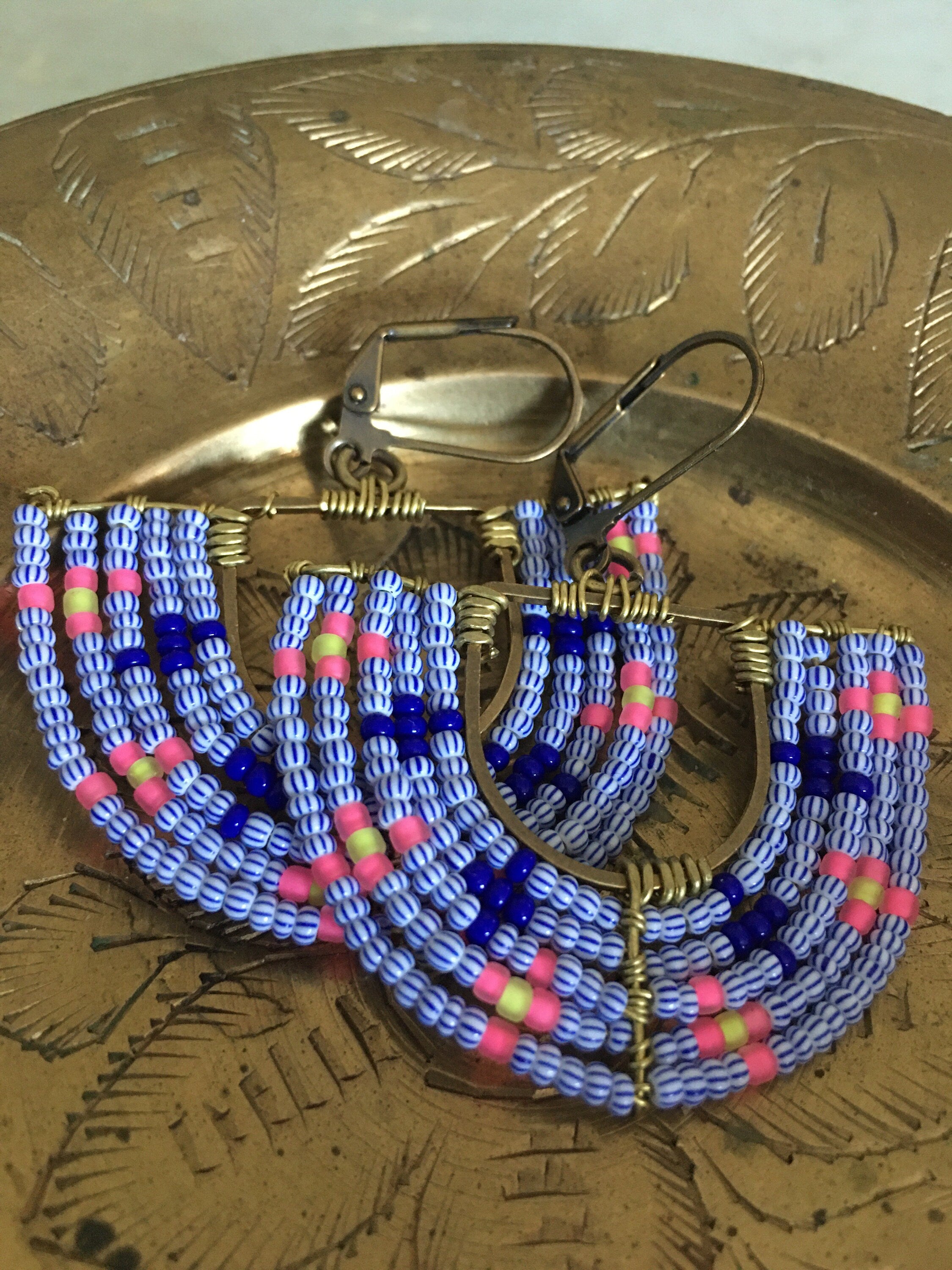 Woven basket earrings-neon yellow/neon pink/ striped blue and white / navy blue