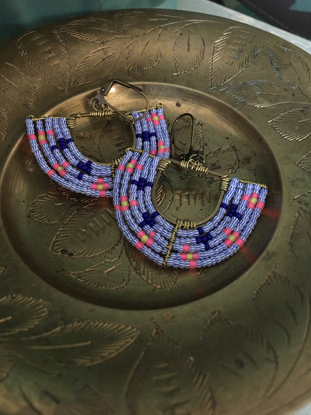 Woven basket earrings-neon yellow/neon pink/ striped blue and white / navy blue