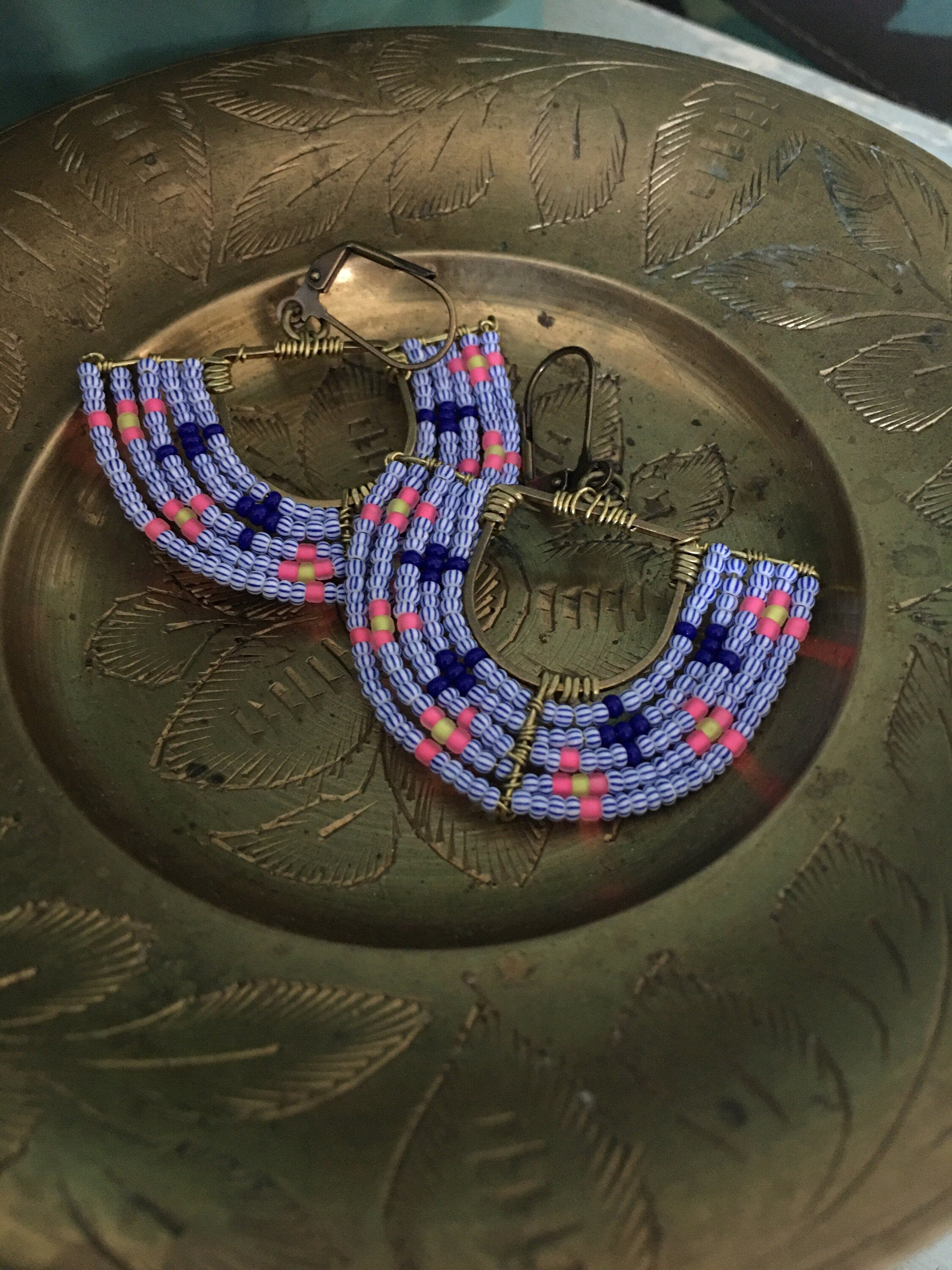 Woven basket earrings-neon yellow/neon pink/ striped blue and white / navy blue