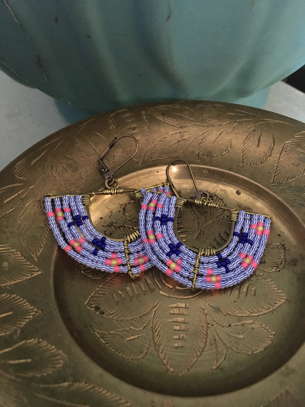 Woven basket earrings-neon yellow/neon pink/ striped blue and white / navy blue