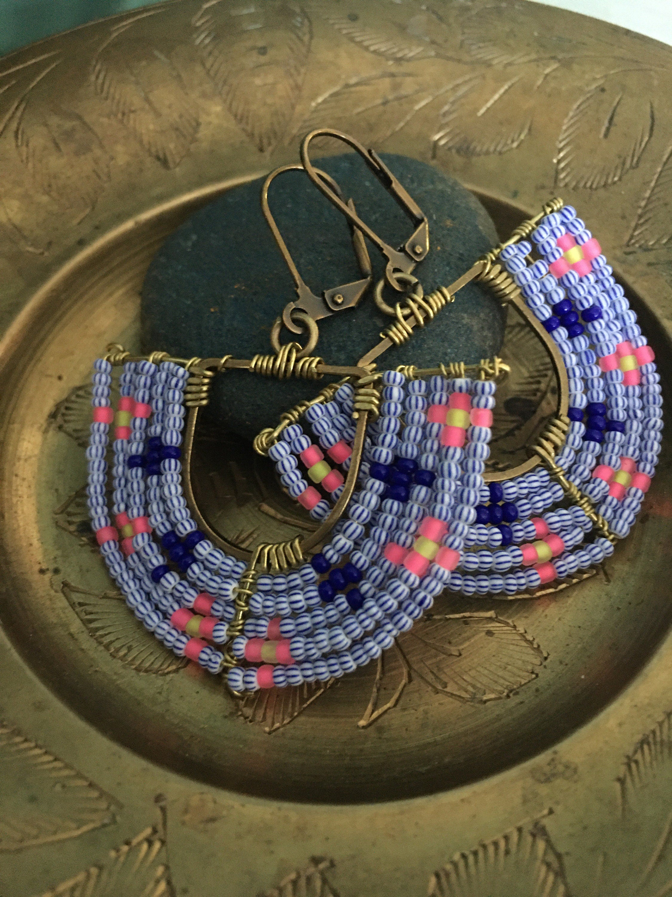 Woven basket earrings-neon yellow/neon pink/ striped blue and white / navy blue
