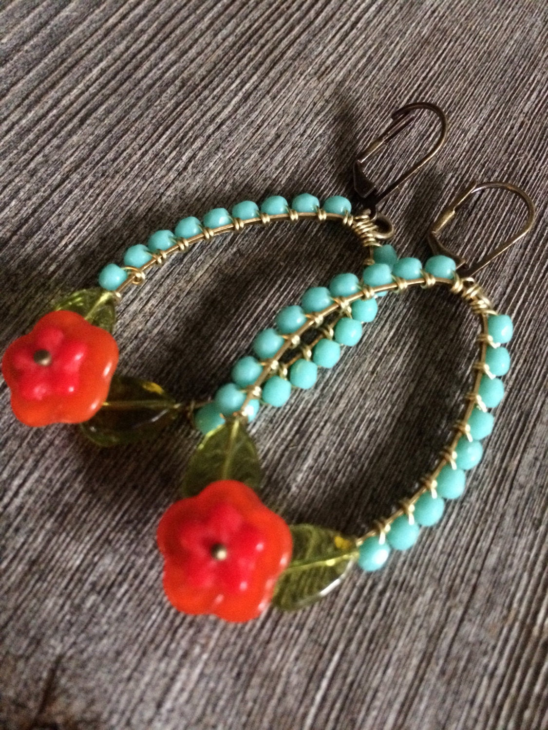 Frida's garden earrings  in  turqouise and red orange