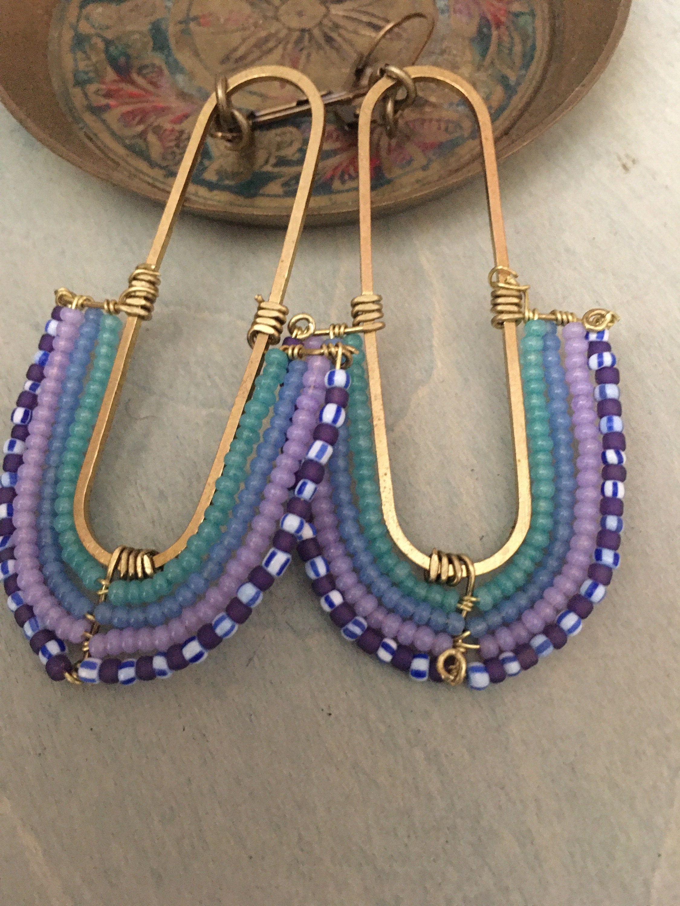 Woven rainbow earrings-purple/green/blue