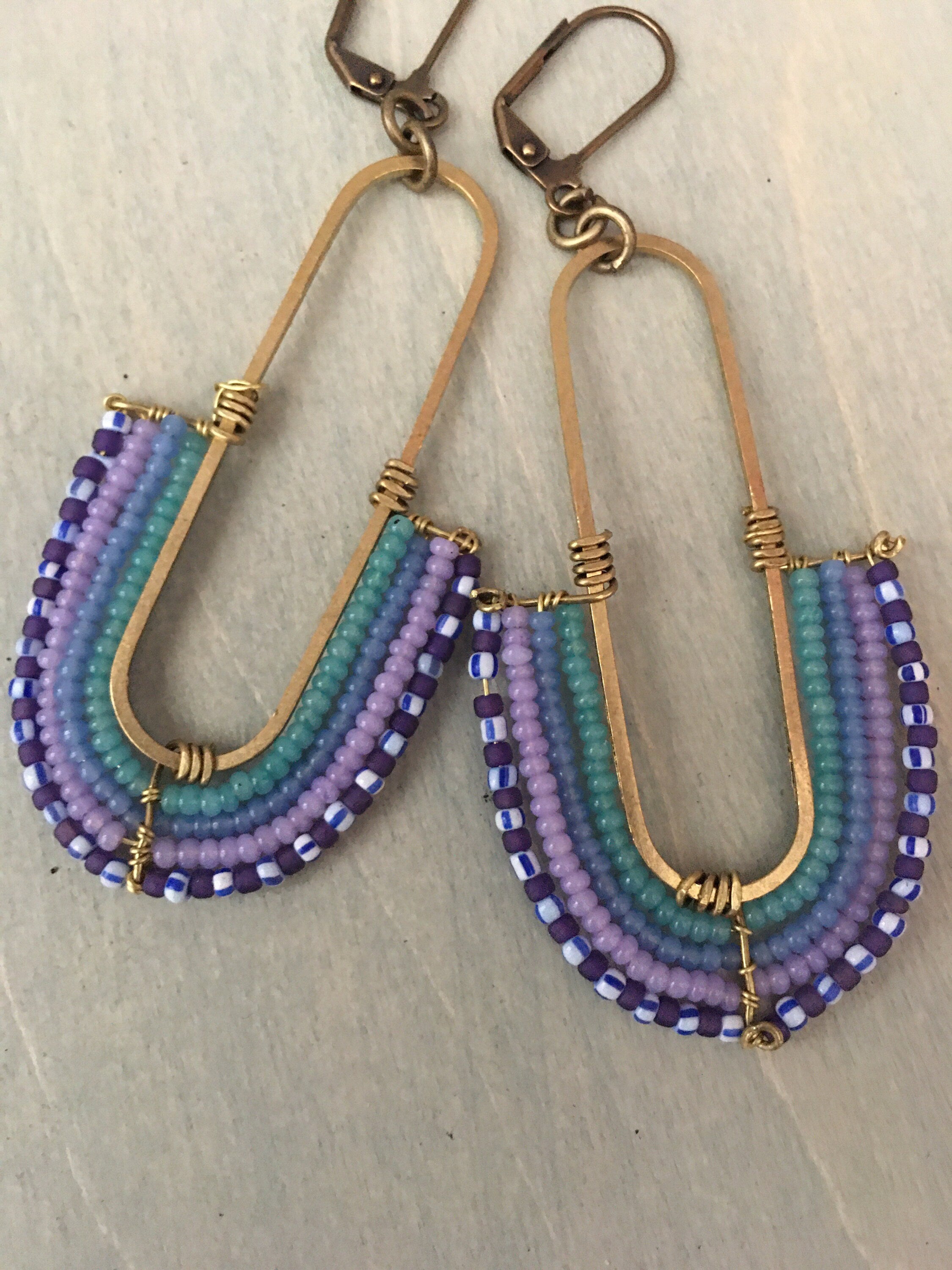 Woven rainbow earrings-purple/green/blue