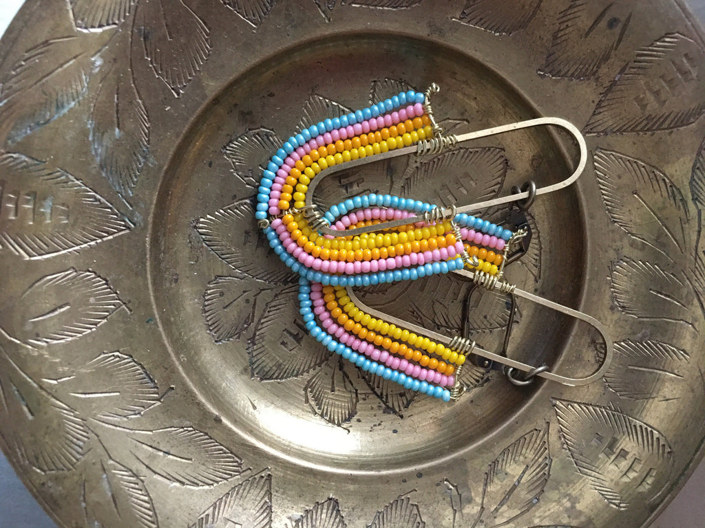 Beaded rainbow earrings-yellow/blue/Orange/pink
