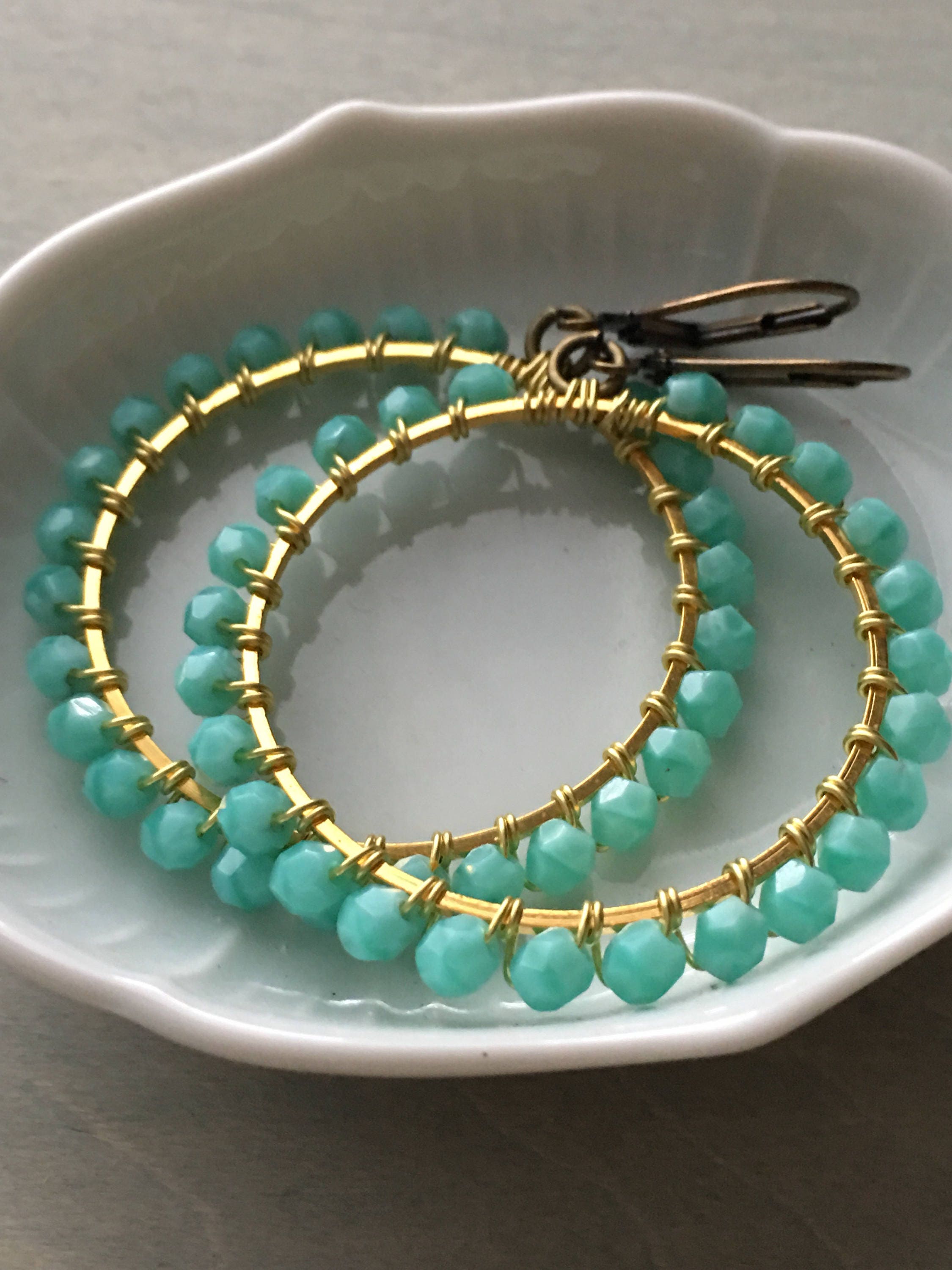 Turquoise drop hoops dangle earrings