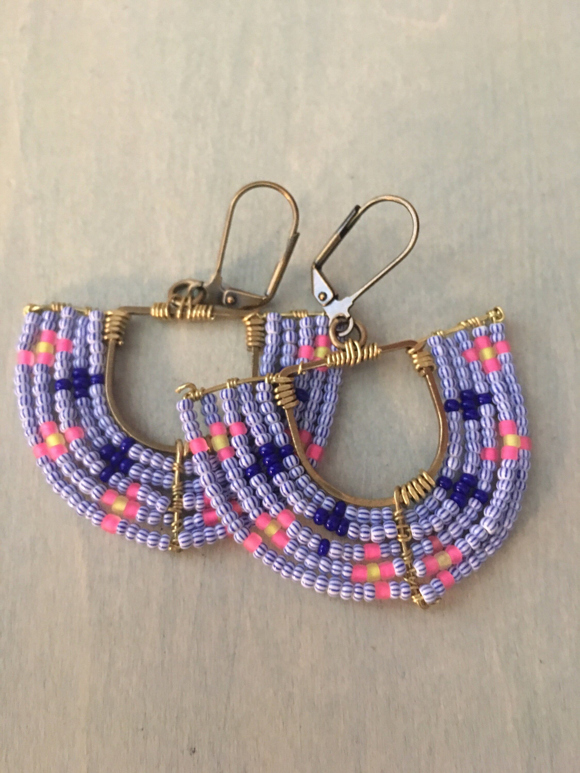 Woven basket earrings-neon yellow/neon pink/ striped blue and white / navy blue
