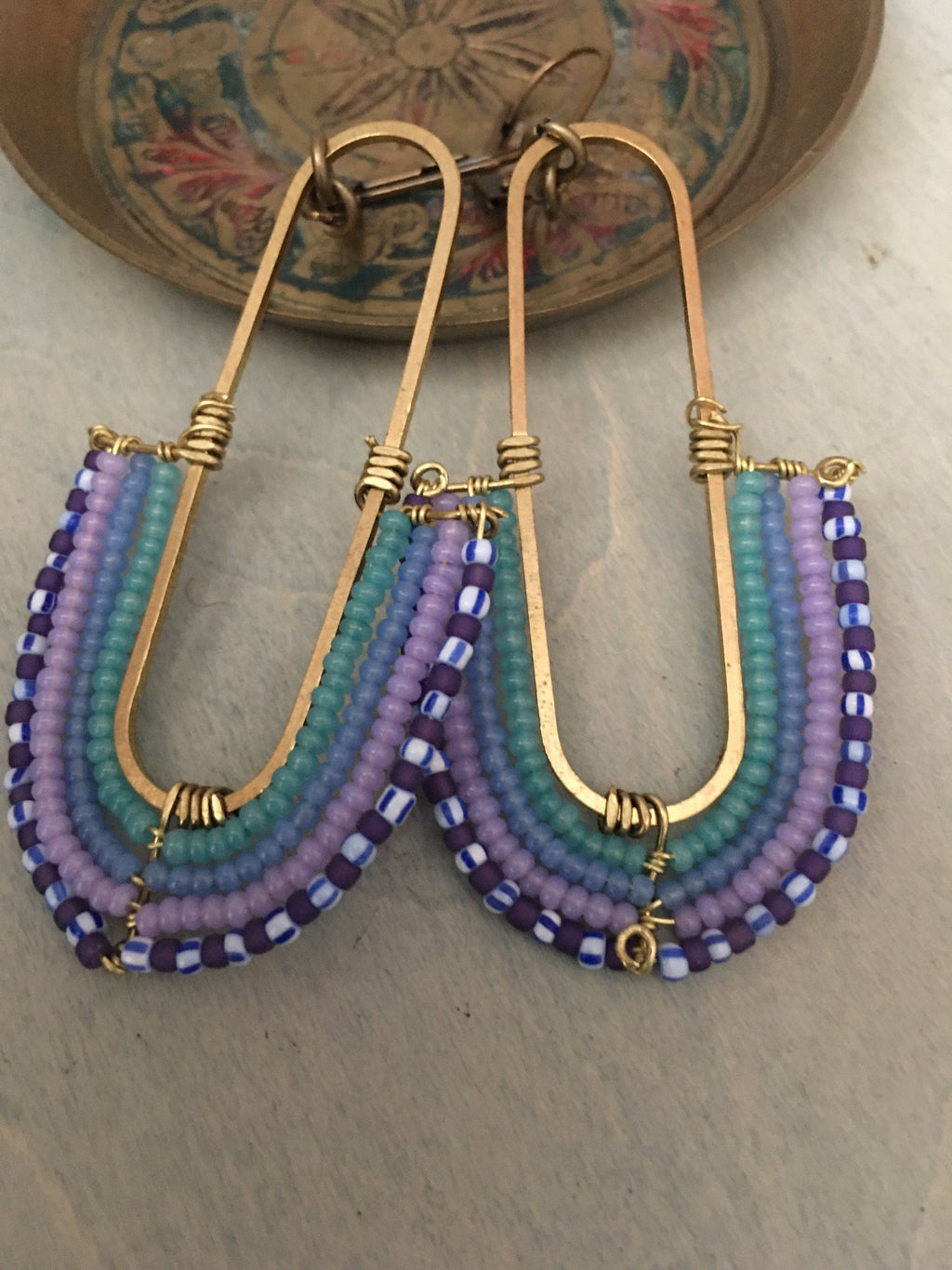 Woven rainbow earrings-purple/green/blue
