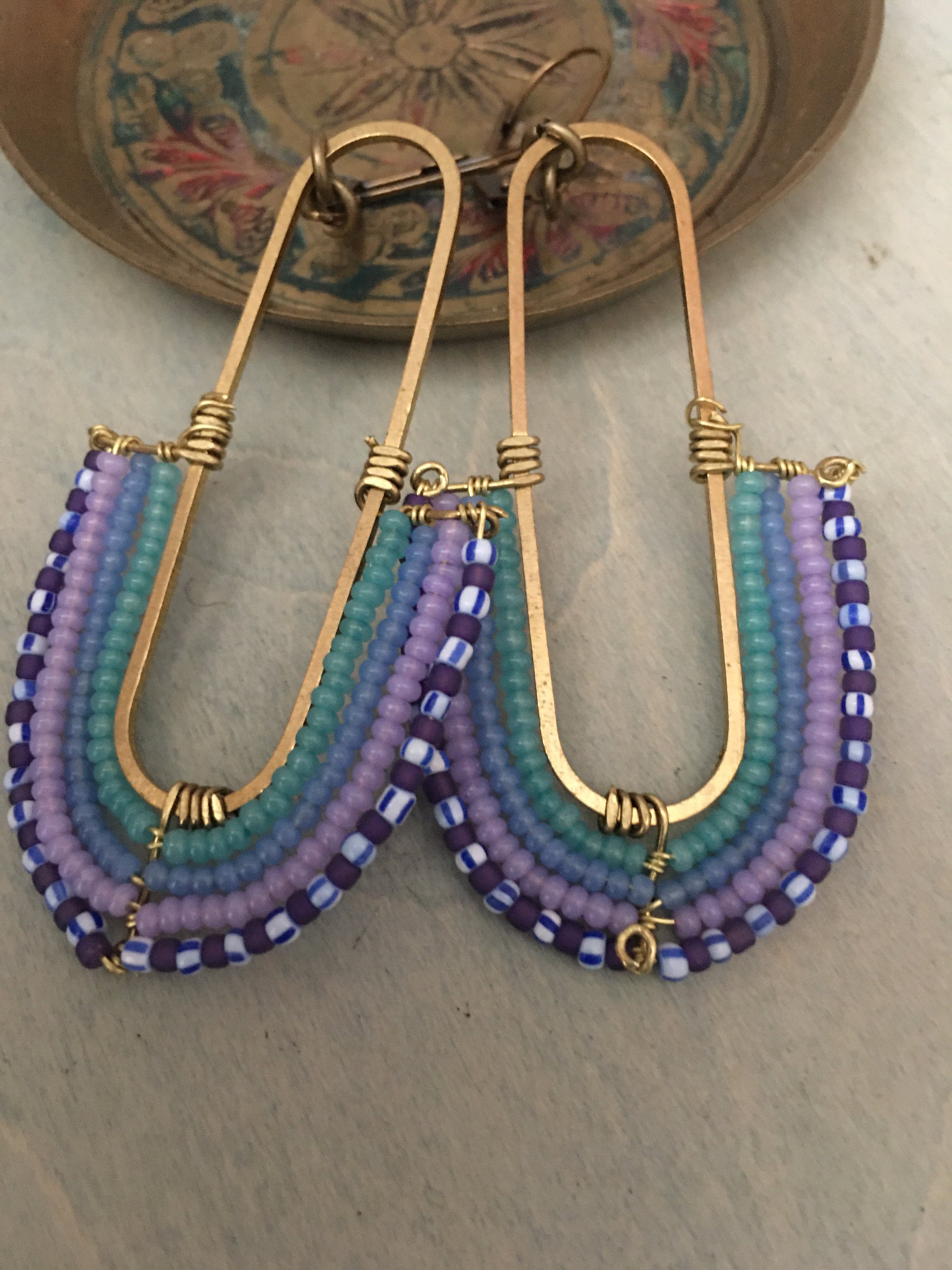 Woven rainbow earrings-purple/green/blue
