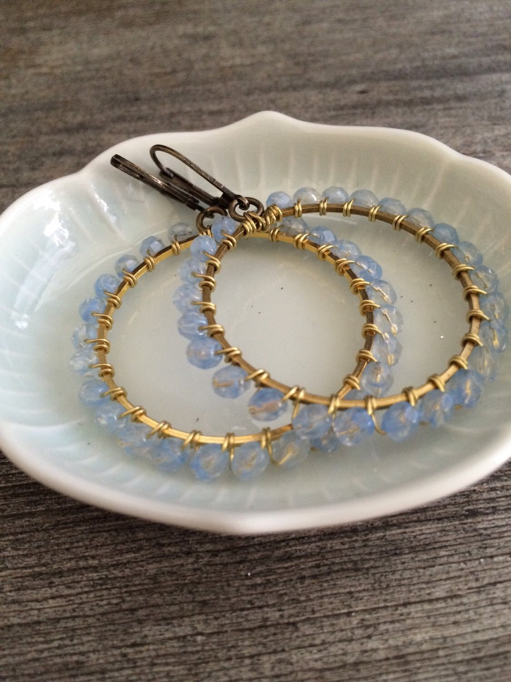 Opalescence hoops / beaded hoops/ Brass wirewrapped Hoops 36mm