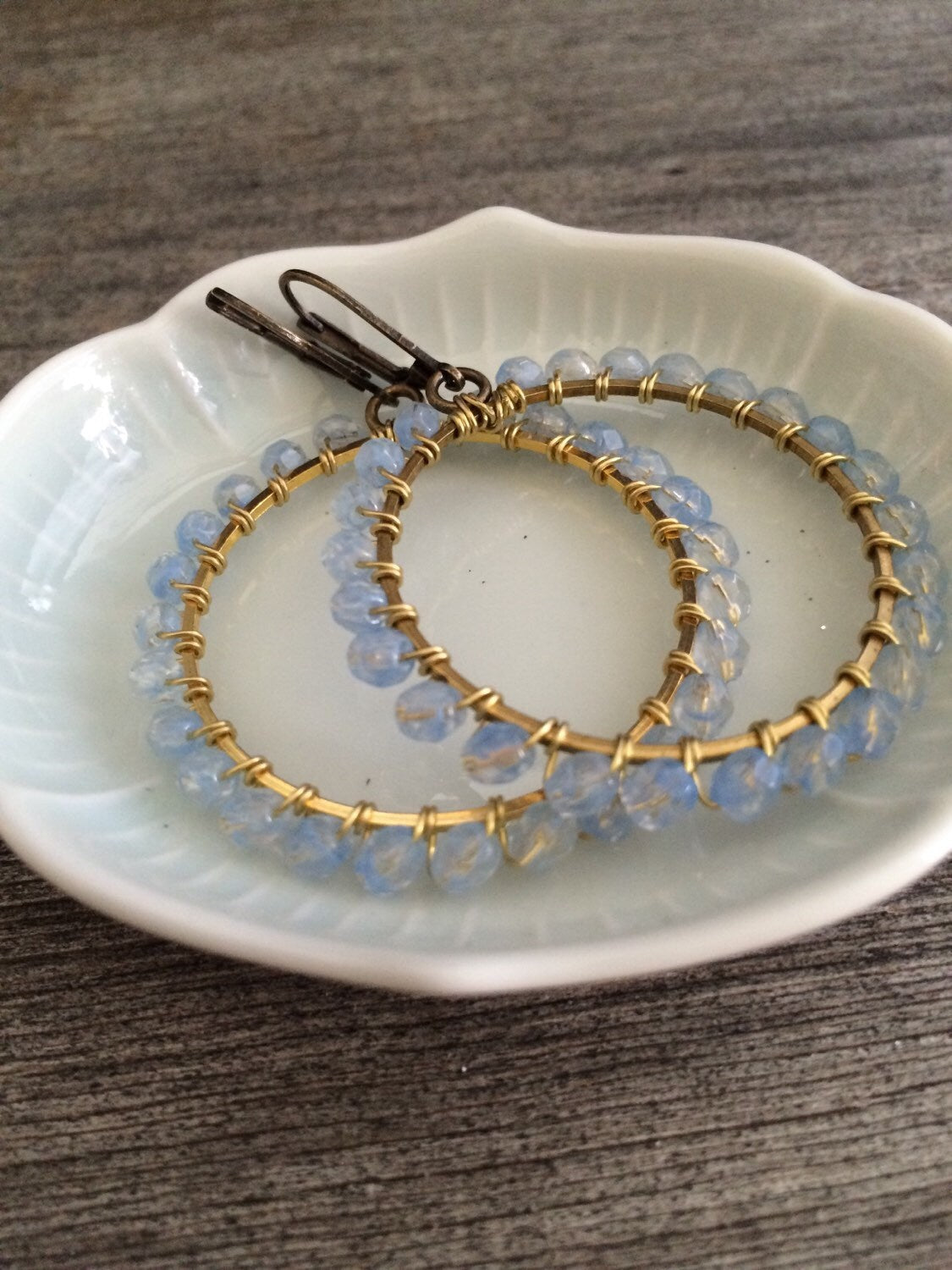 Opalescence hoops / beaded hoops/ Brass wirewrapped Hoops 36mm