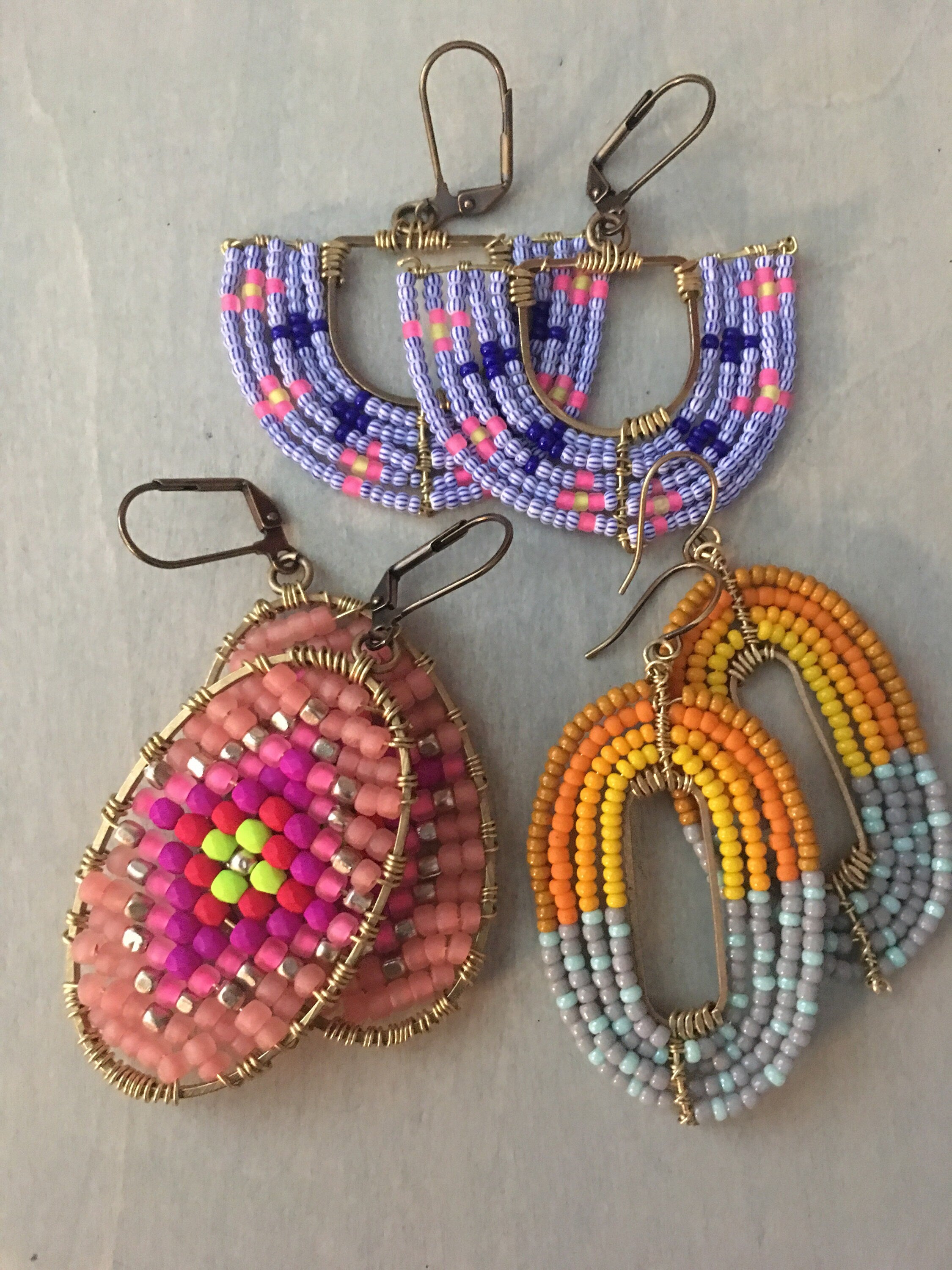 Woven basket earrings-neon yellow/neon pink/ striped blue and white / navy blue