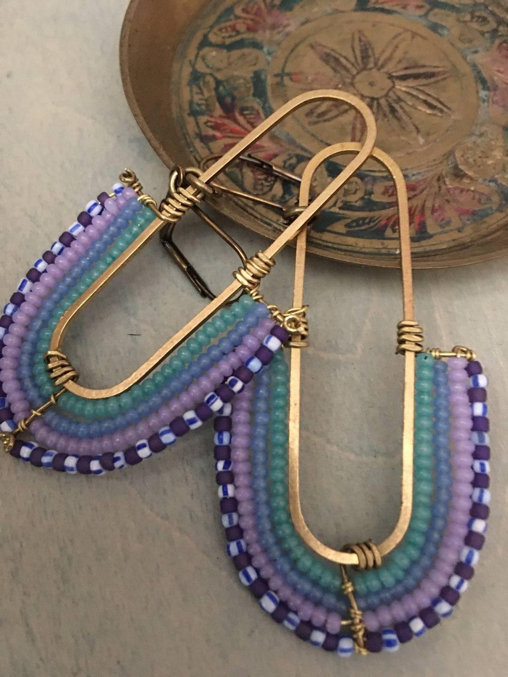 Woven rainbow earrings-purple/green/blue