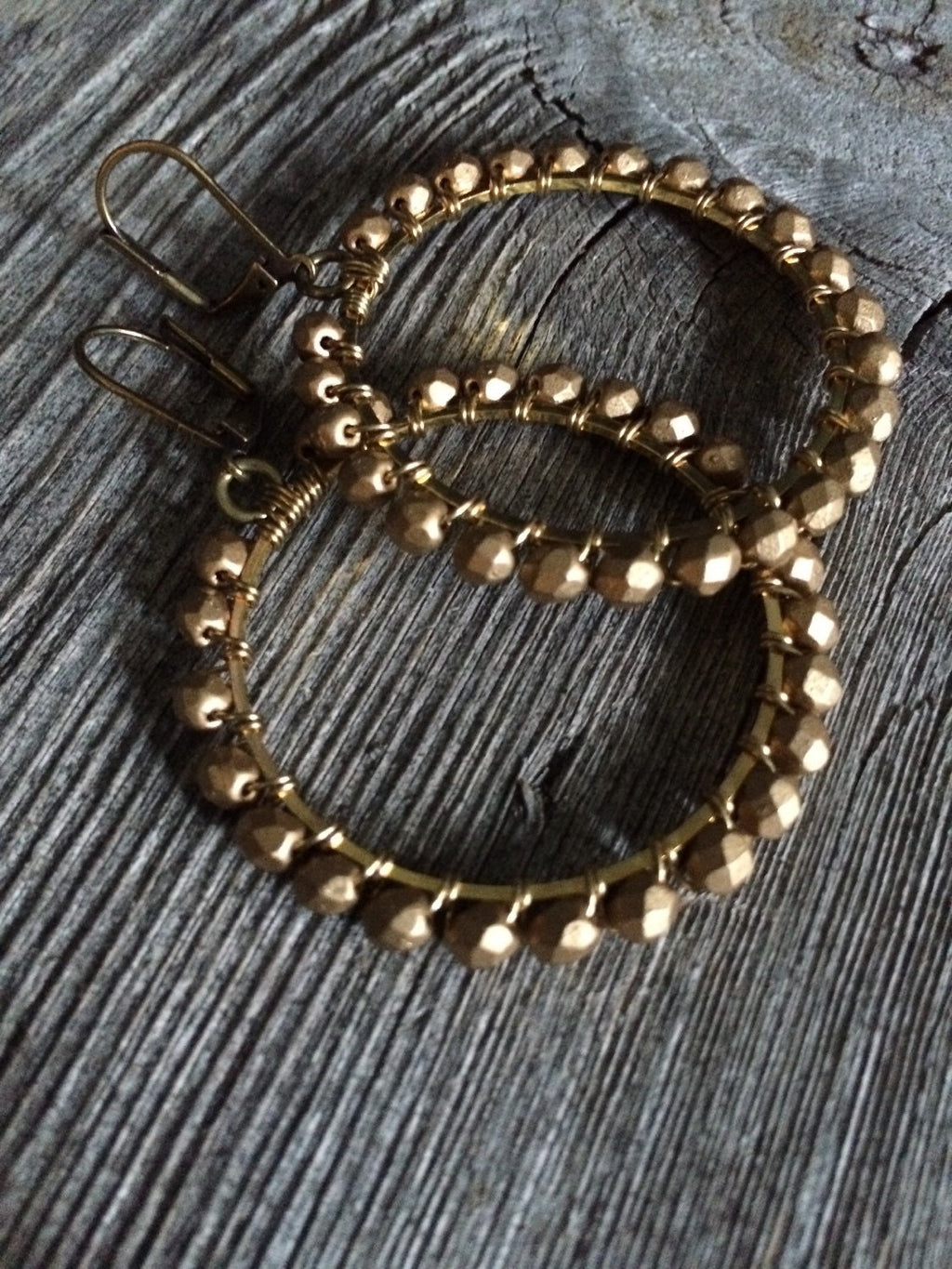 Matte Gold Hoops / Beaded Hoops / Brass Wirewrapped Hoops 36 mm hoop