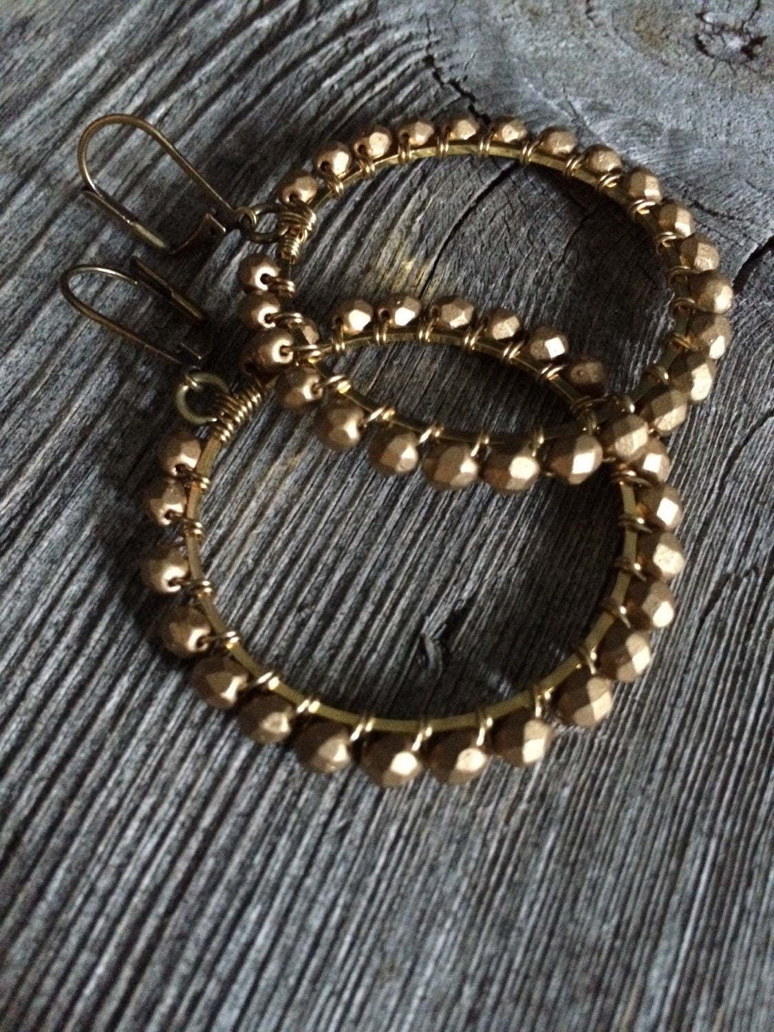 Matte Gold Hoops / Beaded Hoops / Brass Wirewrapped Hoops 36 mm hoop