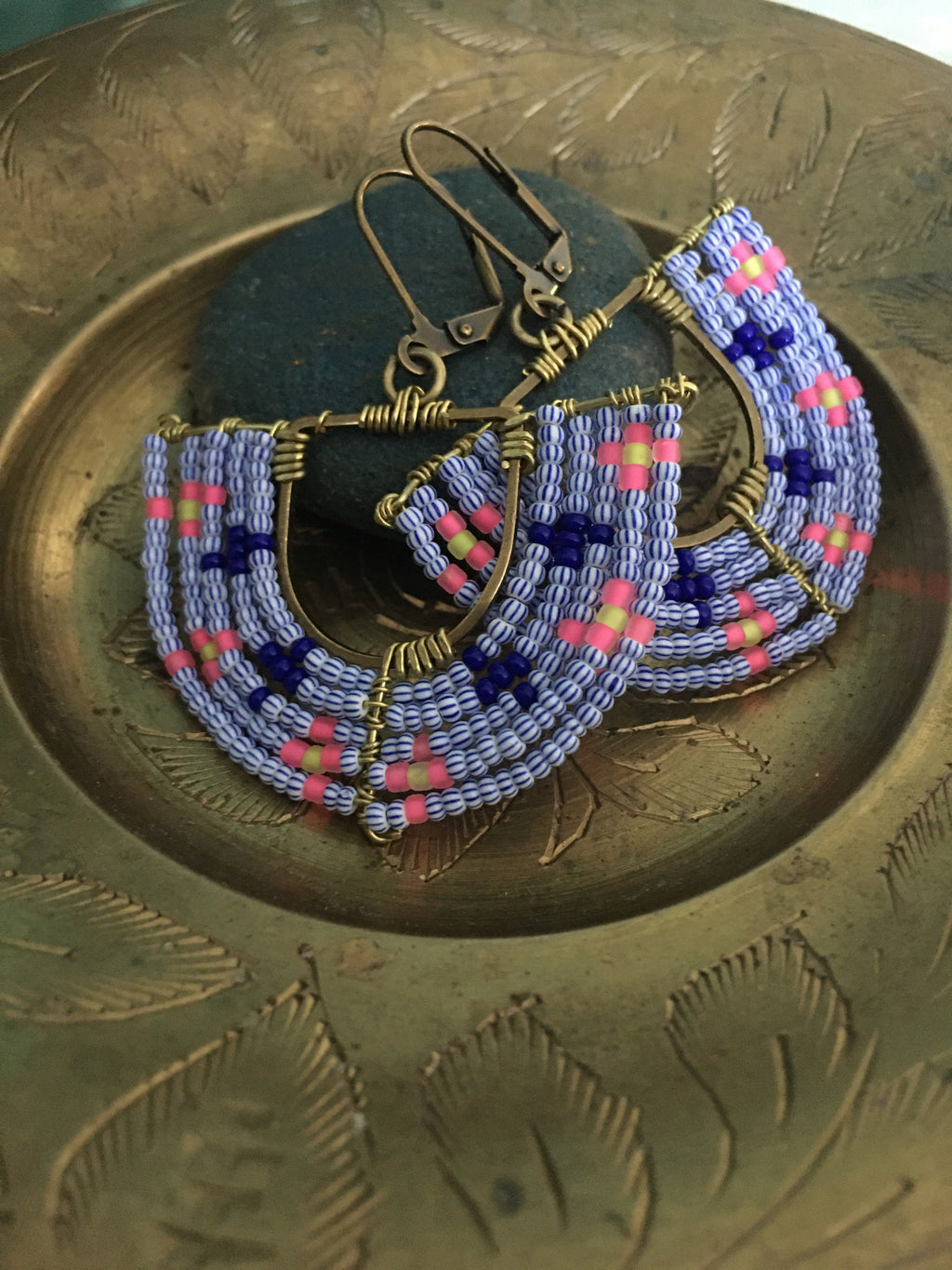 Woven basket earrings-neon yellow/neon pink/ striped blue and white / navy blue