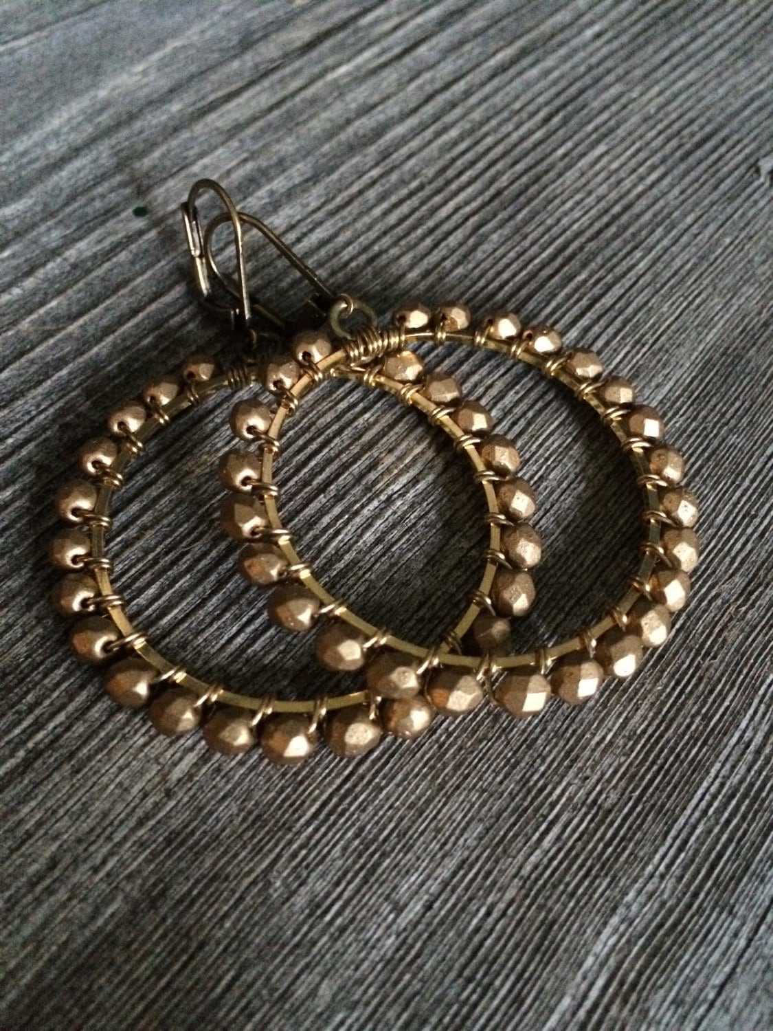 Matte Gold Hoops / Beaded Hoops / Brass Wirewrapped Hoops 36 mm hoop