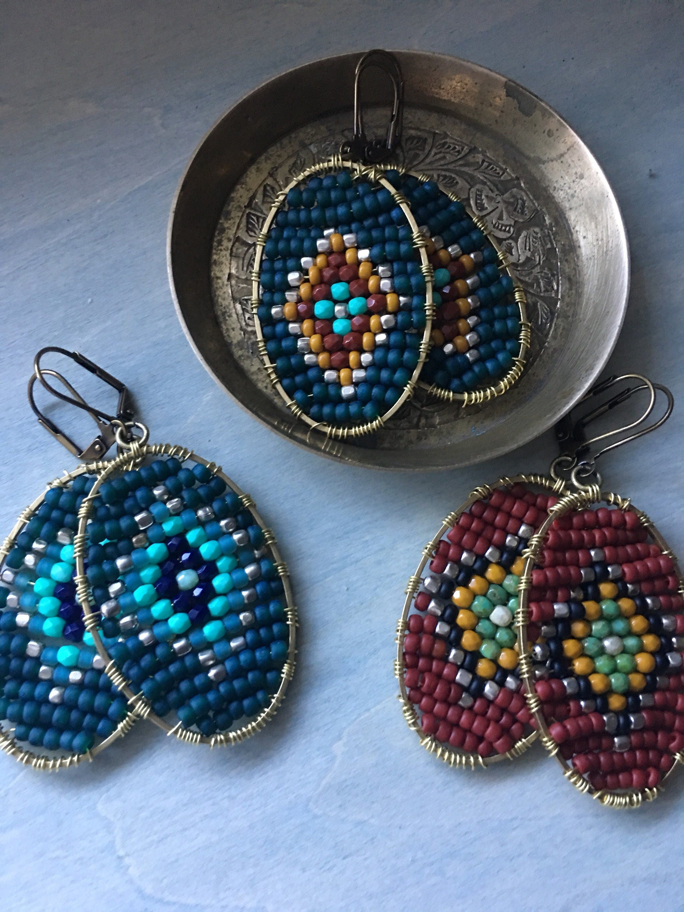 Woven Diamond  earrings / red