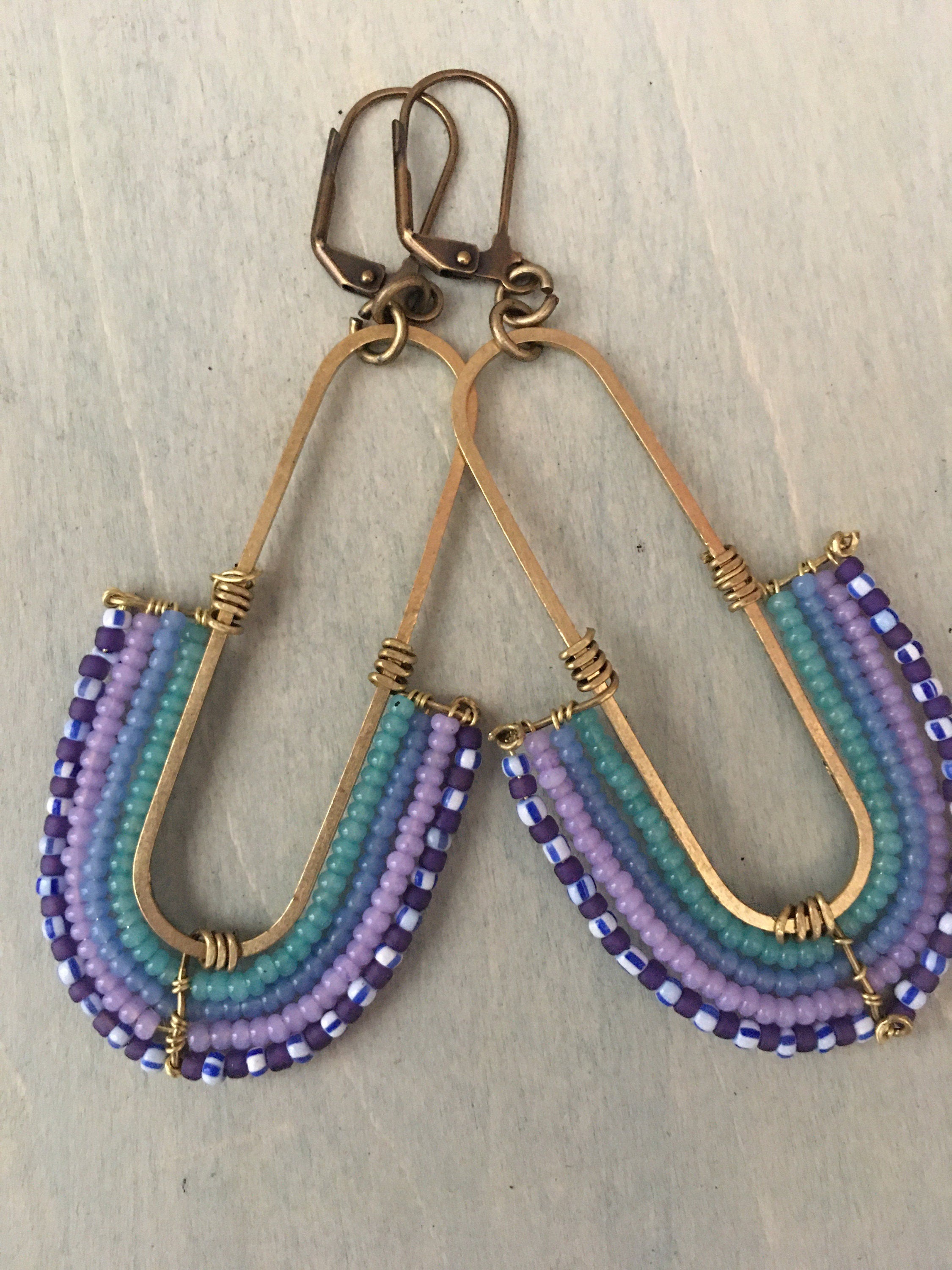 Woven rainbow earrings-purple/green/blue