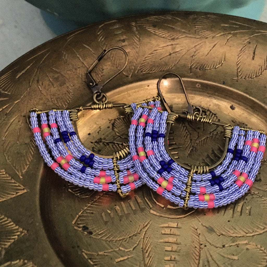 Woven basket earrings-neon yellow/neon pink/ striped blue and white / navy blue