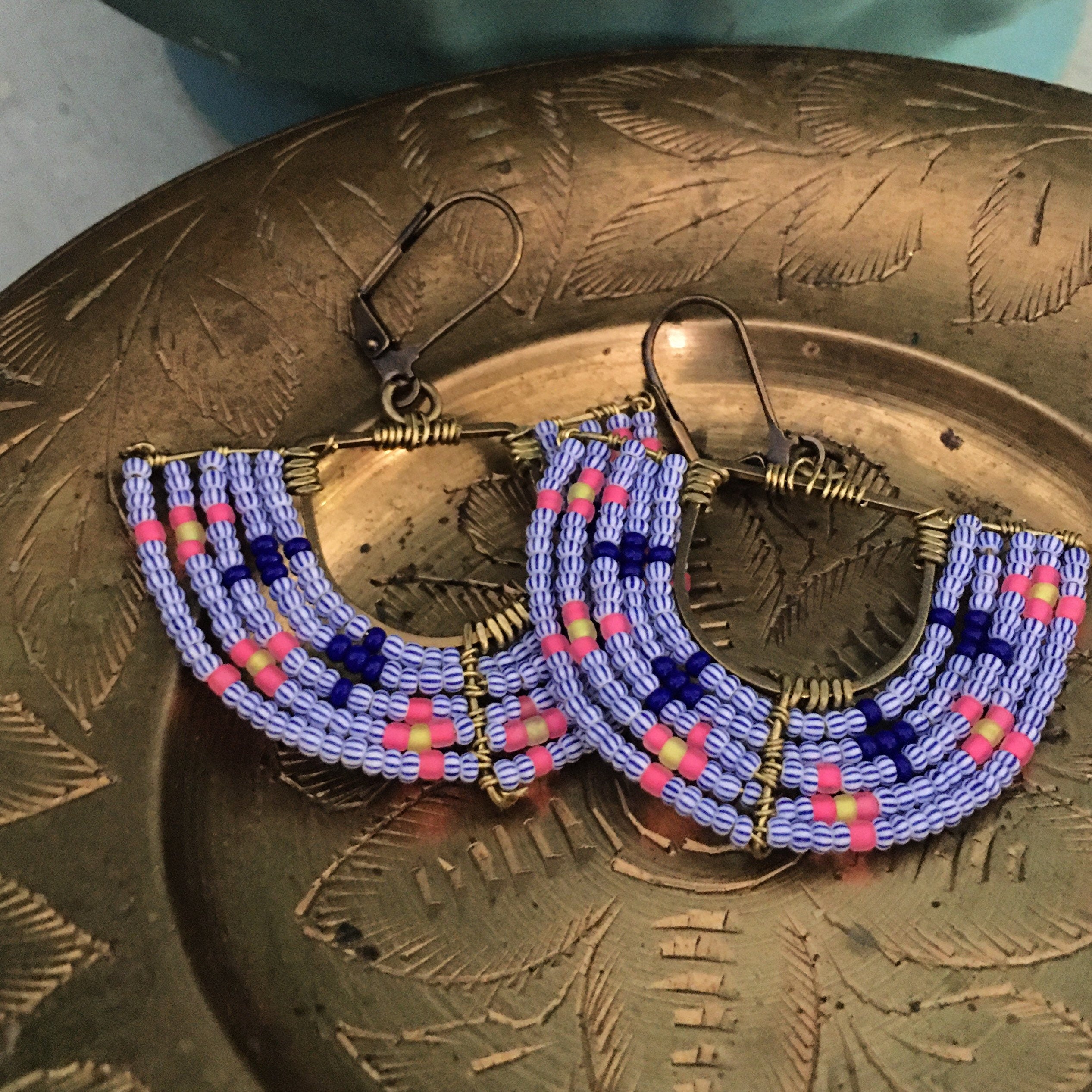 Woven basket earrings-neon yellow/neon pink/ striped blue and white / navy blue